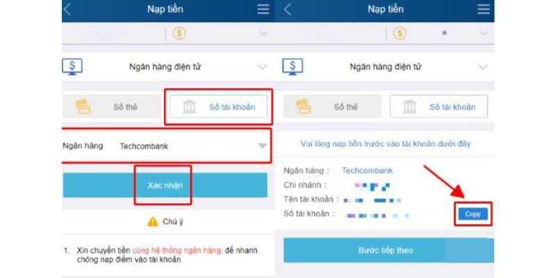 Chuyển khoản cũng được hỗ trợ khi nạp tiền Qh88