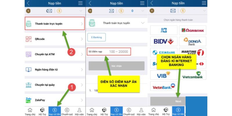 Dùng internet banking để nạp tiền Qh88